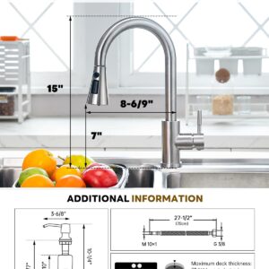 BLYLUND Kitchen Faucets with Soap Dispenser, Brushed Nickel Kitchen Faucet with Pull Down Sprayer 3 Modes, Stainless Steel Modern Kitchen Sink Faucets High Arch Single Handle Faucet