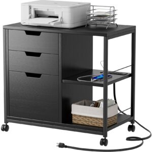 yafiti file cabinet for home office, 3 drawer lateral filing cabinets for printer stand with storage and socket usb charging port fits a4 or letter size, black