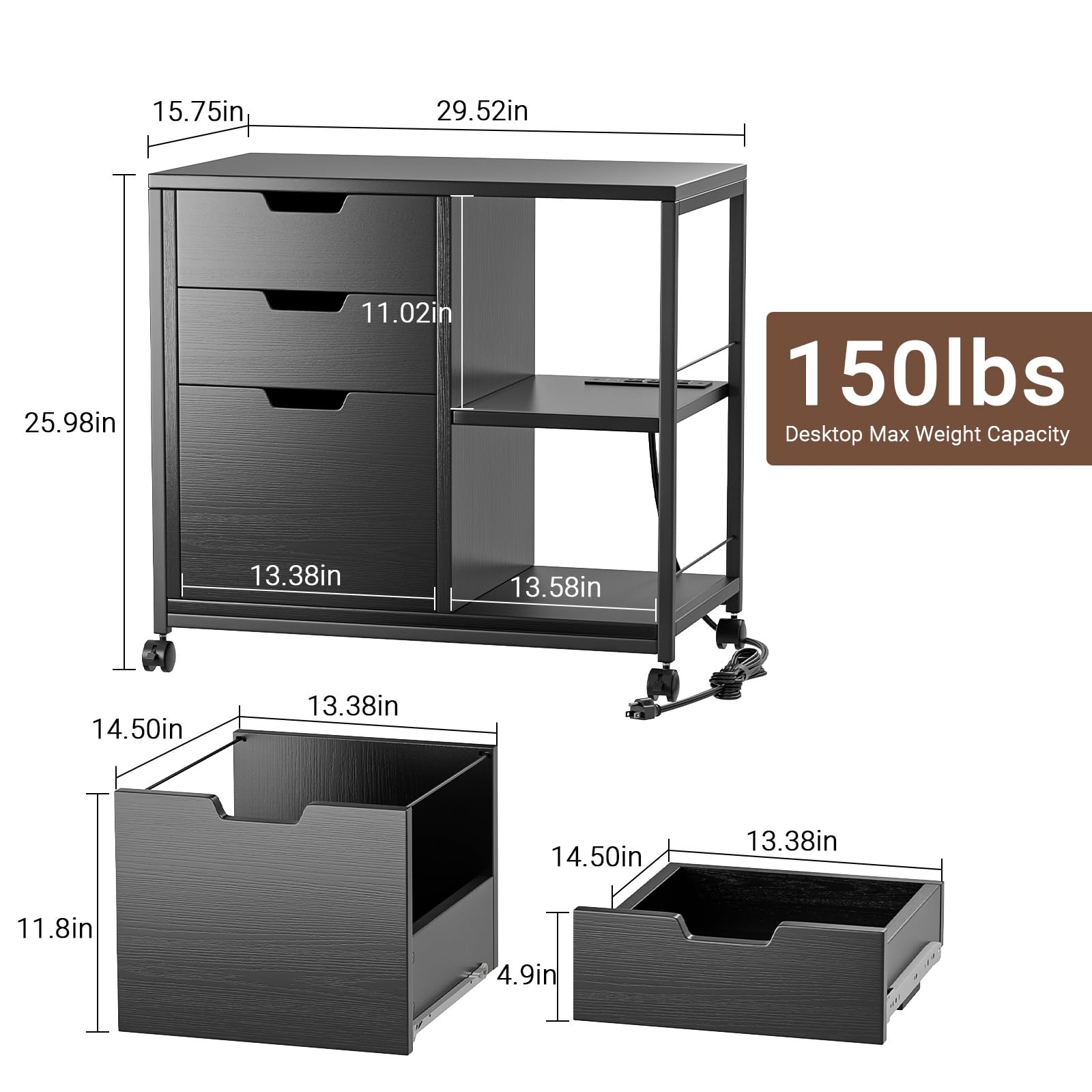 YaFiti File Cabinet for Home Office, 3 Drawer Lateral Filing Cabinets for Printer Stand with Storage and Socket USB Charging Port fits A4 or Letter Size, Black