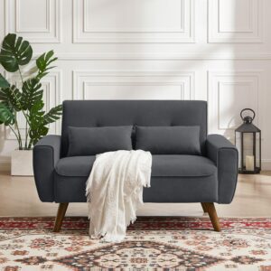 pingliang home 48" small loveseat sofa, mid century modern linen love seat couch, 2 seat tufted couches with throw pillows and wood legs for living room, apartment, bedroom and small spaces