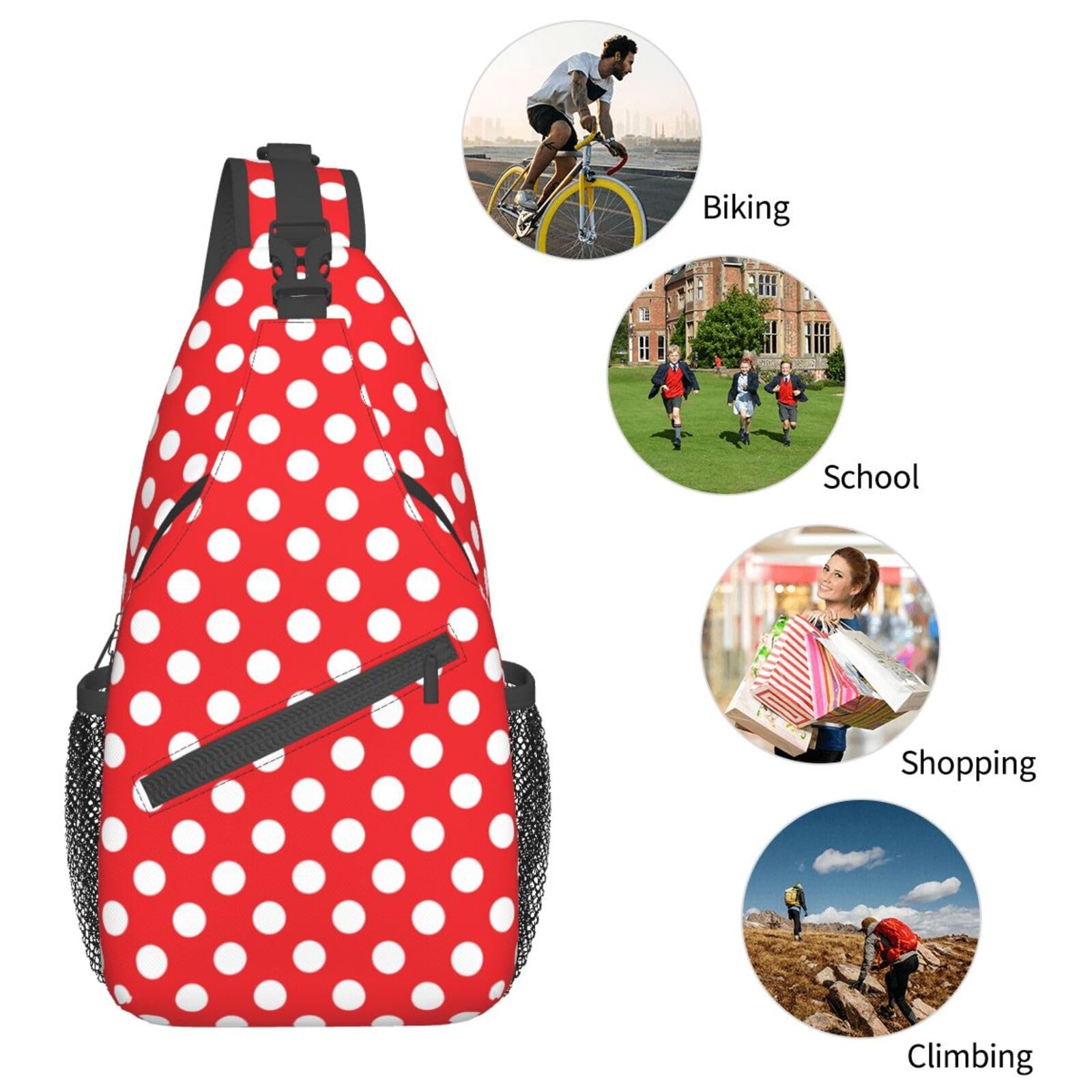 Red White Polka Dot Sling Bag Crossbody Travel Hiking Backpack Daypack for Women Men Unisex，Shoulder Chest Bags Cycling Gym