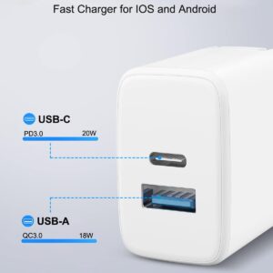 20W Dual Port Fast Charger for iPad 9th 8th 7th Generation 10.2 inch, iPad Air 3/2, iPad Mini 5, Foldable Wall Charger with 6.6ft USB-C to Lightning Fast Charging Cable