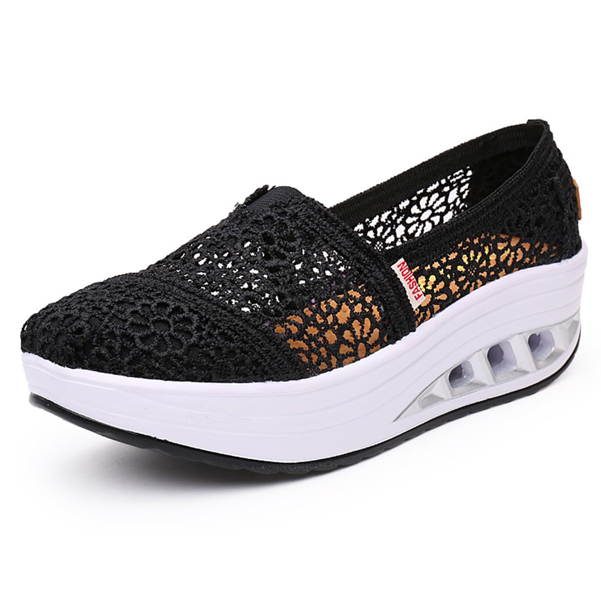 Women's Floral Embroidery Lace Mesh Air Cushion Sneakers,Comfortable Orthopedic Diabetic Walking Toning Shoes Breathable Slip On Platform Loafers (Black,6)