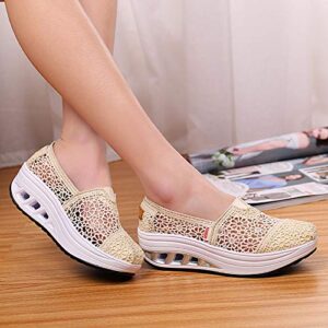 Women's Floral Embroidery Lace Mesh Air Cushion Sneakers,Comfortable Orthopedic Diabetic Walking Toning Shoes Breathable Slip On Platform Loafers (Black,6)