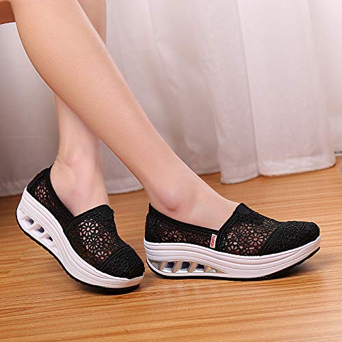 Women's Floral Embroidery Lace Mesh Air Cushion Sneakers,Comfortable Orthopedic Diabetic Walking Toning Shoes Breathable Slip On Platform Loafers (Black,6)