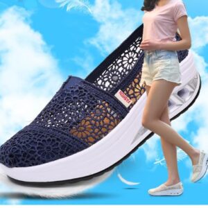 Women's Floral Embroidery Lace Mesh Air Cushion Sneakers,Comfortable Orthopedic Diabetic Walking Toning Shoes Breathable Slip On Platform Loafers (Black,6)