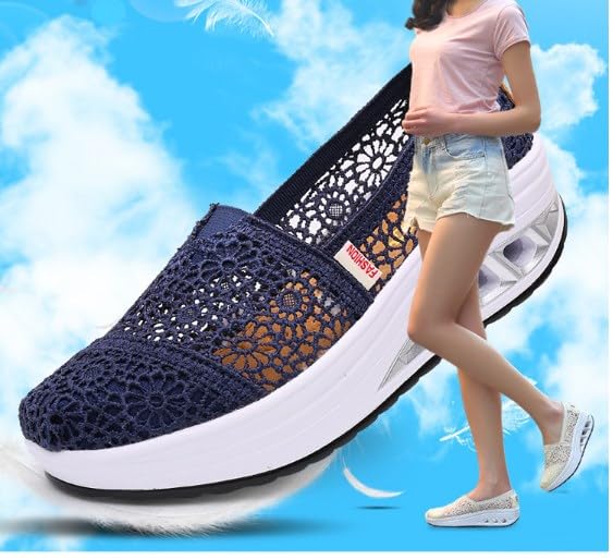 Women's Floral Embroidery Lace Mesh Air Cushion Sneakers,Comfortable Orthopedic Diabetic Walking Toning Shoes Breathable Slip On Platform Loafers (Black,6)