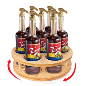 actororp rotating coffee syrup organizer, 7 bottles coffee syrup rack, wooden countertop syrup bottle rack for coffee bar station, carousel wine display tray