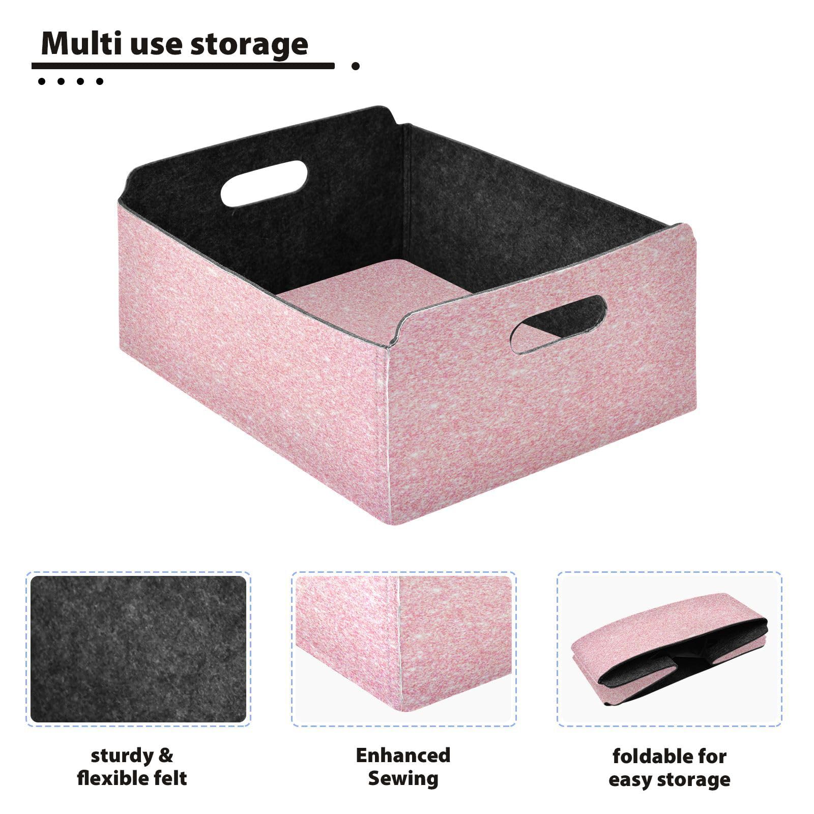 YETTASBIN Pink Glitter Texture Felt Storage Baskets with Handle, Collapsible Open Storage Bin Drawers Storage Box for Shelf Closet Office Bedroom Nursery Home, 14 x 5 x 10 Inch