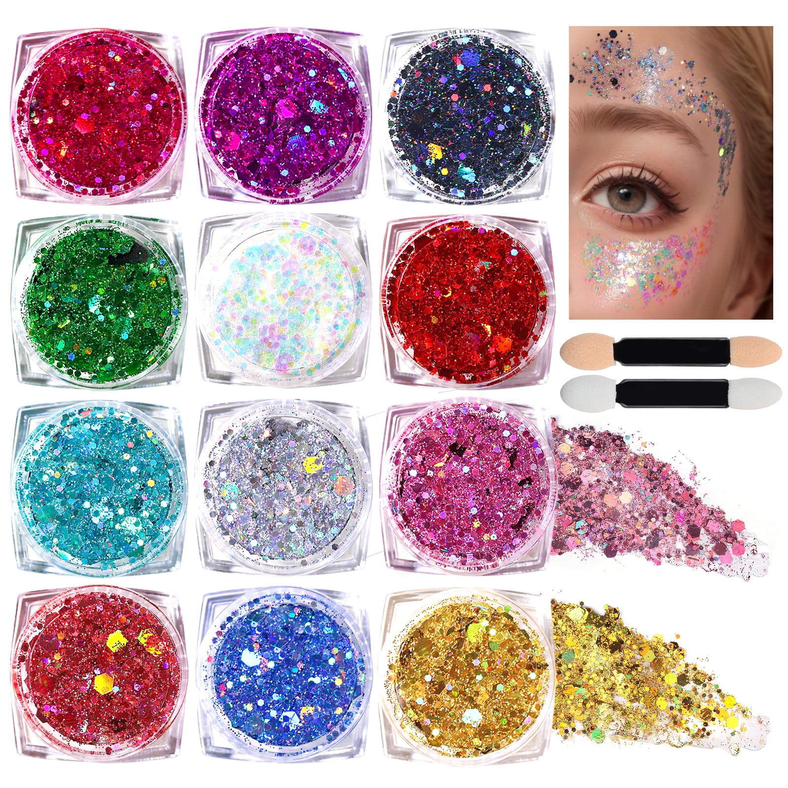 Teenitor Body Glitter Face Glitter Makeup Festival Glitter Gel, 12 Colors Face and Body Glitter Gel, Hair Glitter Gel, Glitter Gel Makeup, Glitter for Face and Hair