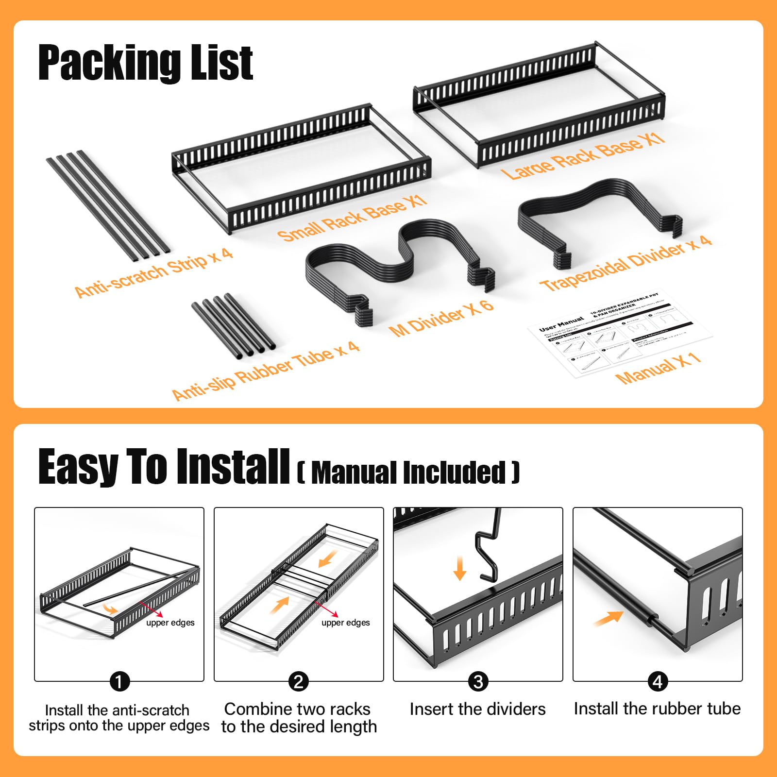 PanPanPal Expandable Pans and Pots Lid Organizer Rack for Cabinet - Rubber-dipped Pan Organizer Rack for Kitchen Cabinet Organizers and Storage with 10 Adjustable Dividers and Anti-scratch Strip