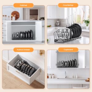 PanPanPal Expandable Pans and Pots Lid Organizer Rack for Cabinet - Rubber-dipped Pan Organizer Rack for Kitchen Cabinet Organizers and Storage with 10 Adjustable Dividers and Anti-scratch Strip