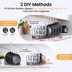 PanPanPal Expandable Pans and Pots Lid Organizer Rack for Cabinet - Rubber-dipped Pan Organizer Rack for Kitchen Cabinet Organizers and Storage with 10 Adjustable Dividers and Anti-scratch Strip