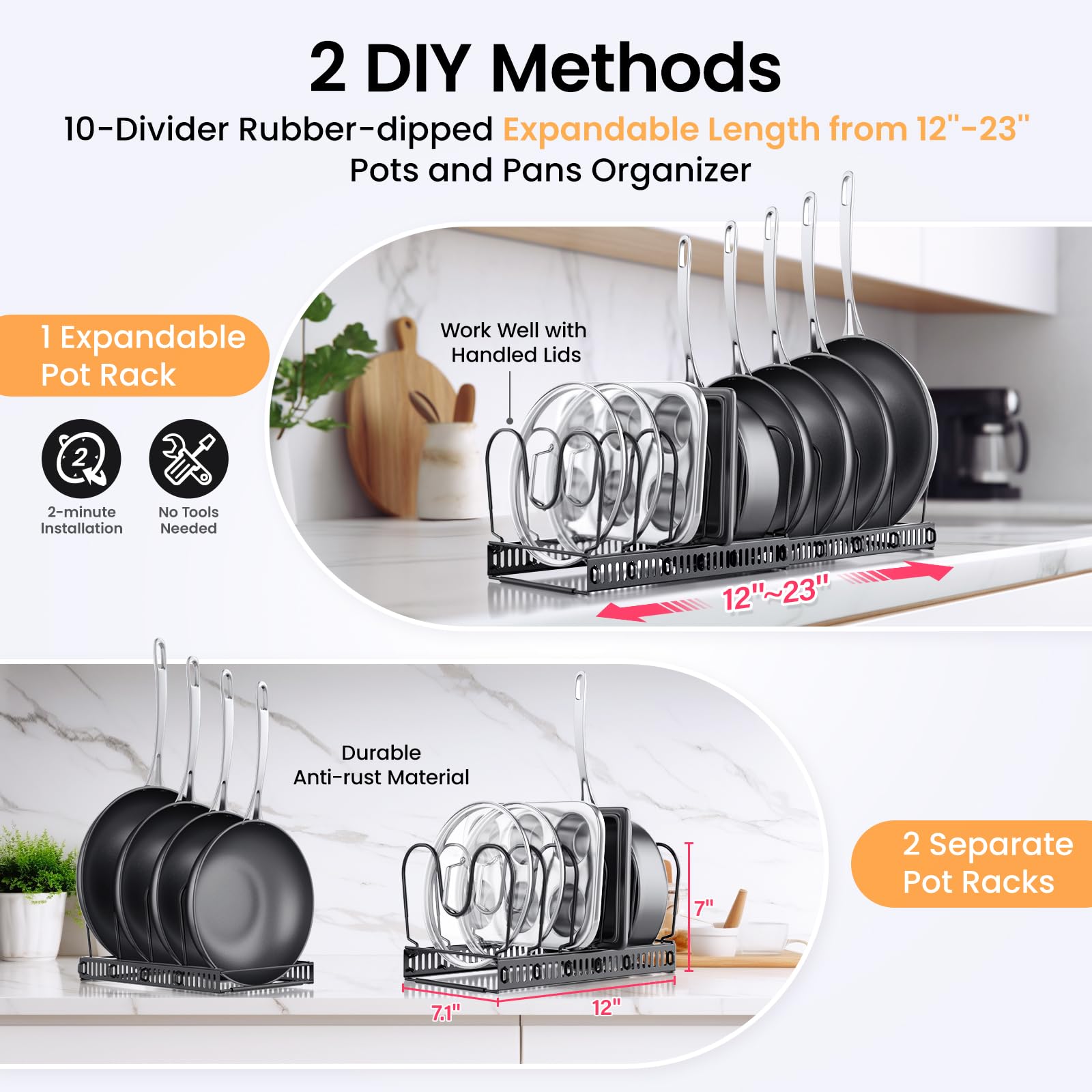 PanPanPal Expandable Pans and Pots Lid Organizer Rack for Cabinet - Rubber-dipped Pan Organizer Rack for Kitchen Cabinet Organizers and Storage with 10 Adjustable Dividers and Anti-scratch Strip