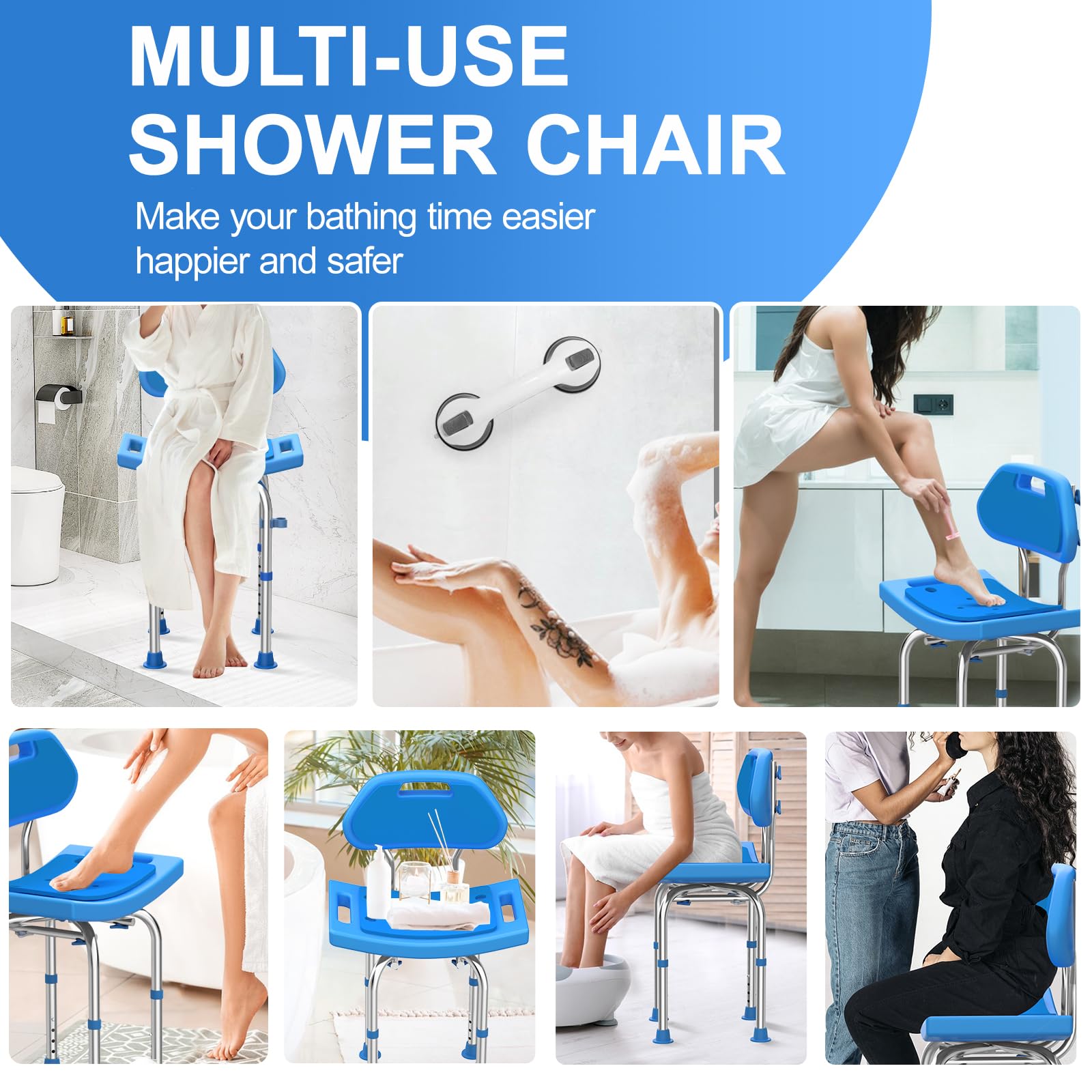 UGarden Upgraded Stainless Steel Shower Chair with T-Shaped Wide Back, 400LB Safety Shower Chair for Inside Shower, Anti Slip Adjustable Bath Chair Blue, Shower Seat for Bathtub for Seniors/Disabled