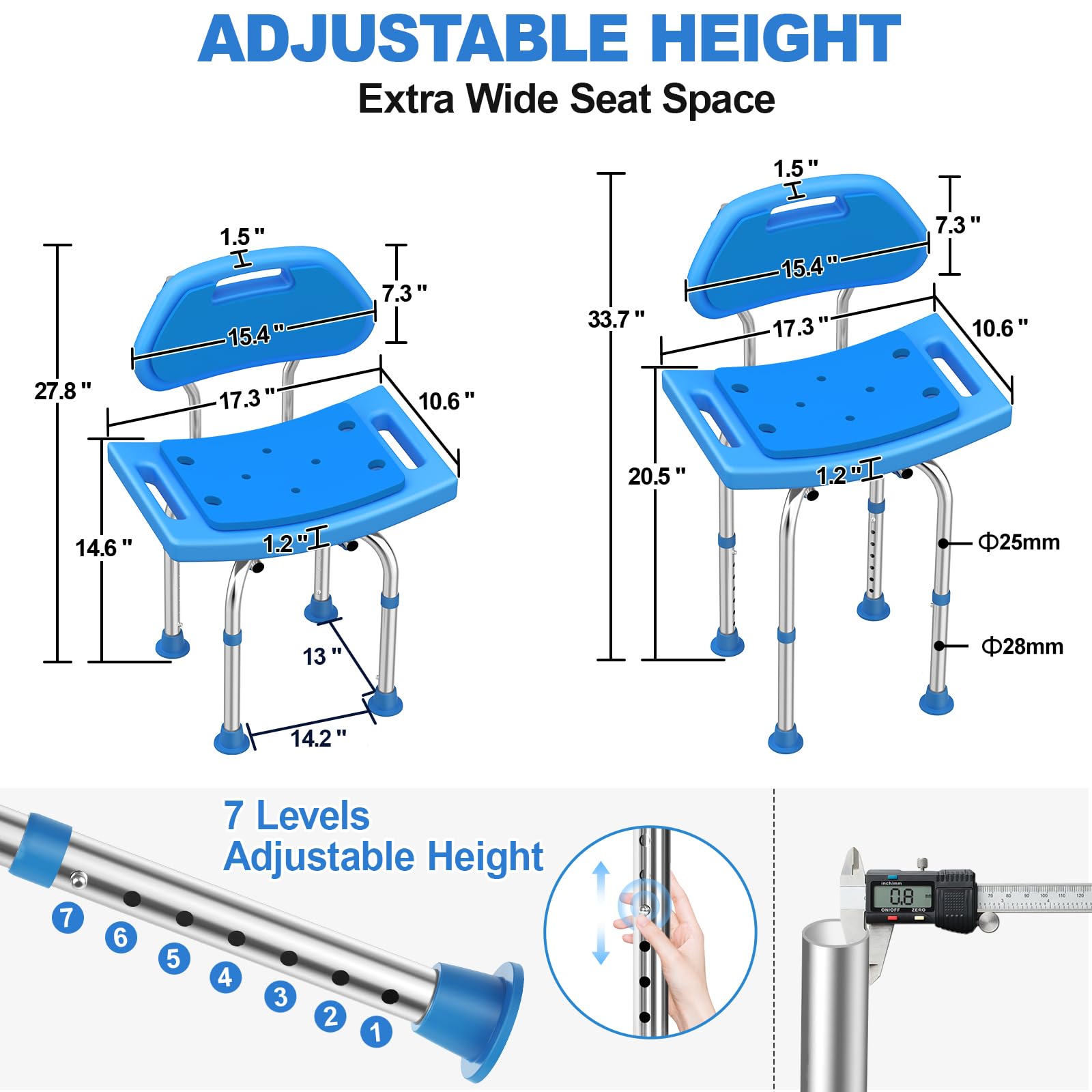 UGarden Upgraded Stainless Steel Shower Chair with T-Shaped Wide Back, 400LB Safety Shower Chair for Inside Shower, Anti Slip Adjustable Bath Chair Blue, Shower Seat for Bathtub for Seniors/Disabled