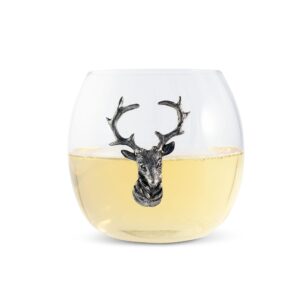 vagabond house deer/elk stemless wine glass, premium hand-blown crystal, lodge style, perfect for red/white wine, 3.25" tall, 12 oz, enhance your tastings - sold as single glass