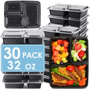 30 pack meal prep containers, 32 oz 3 compartment food storage containers with lids, extra-thick plastic to go containers, disposable lunch box, bpa free, stackable, dishwasher/microwave/freezer safe