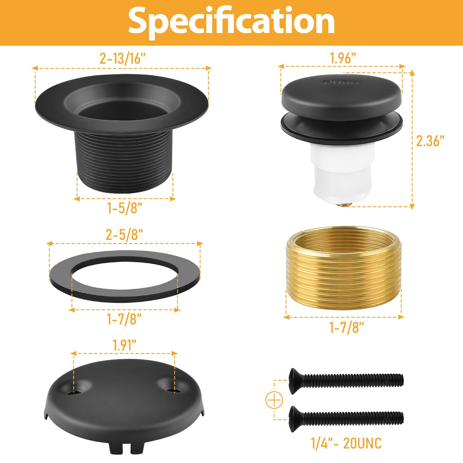 YGboost Matte Black Tub Drain Overflow Kit - Universal Bathtub Drain Replacement with 2-Hole Overflow Faceplate Set, Tip-Toe Conversion Kit, Fine & Coarse Thread