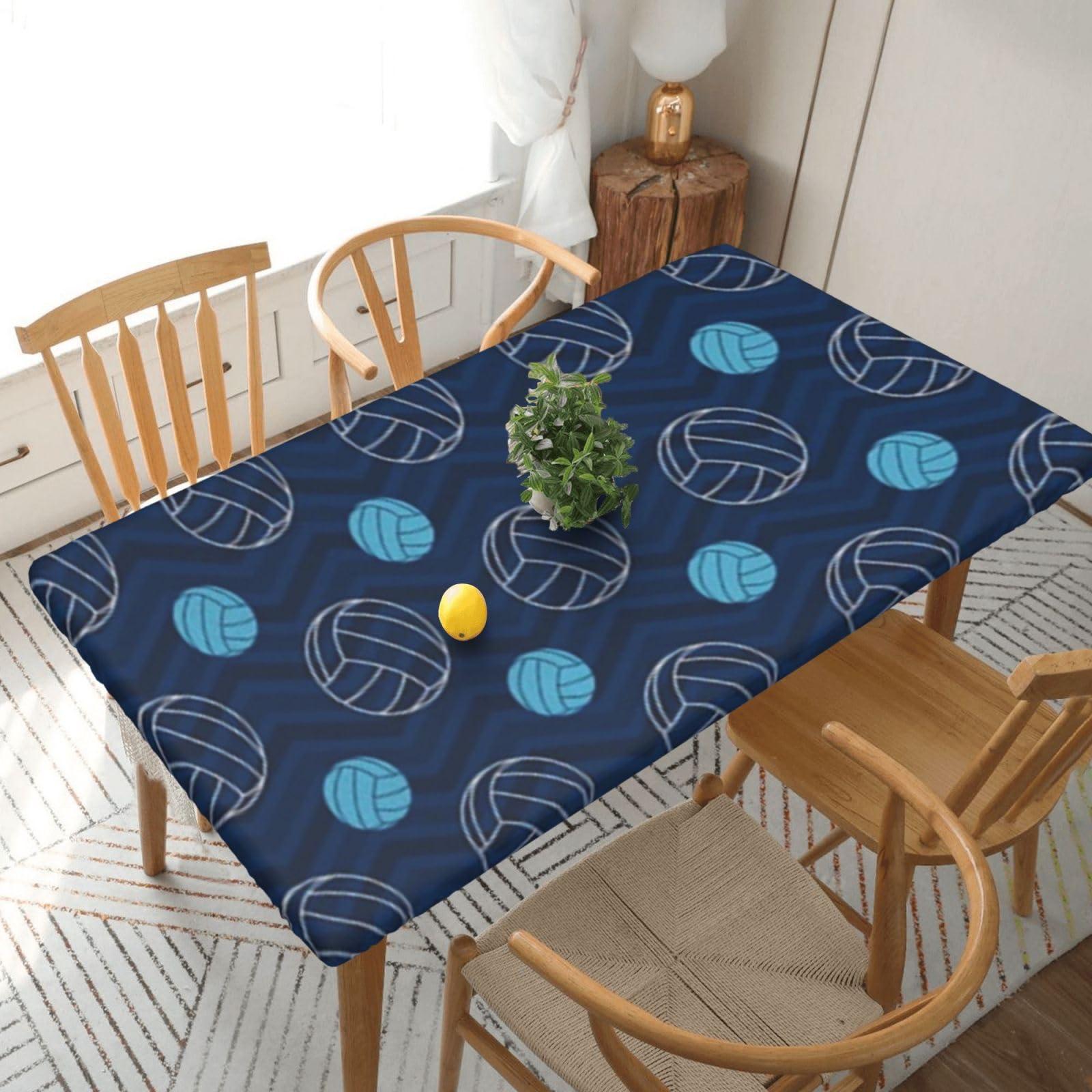 MIXMEY Blue Volleyball Print Square Table Cover with Anti Slip Tablecloth, Polyester Tablecloth,Outdoor Waterproof Elastic Tablecloth,Easy to Clean,30x60 in