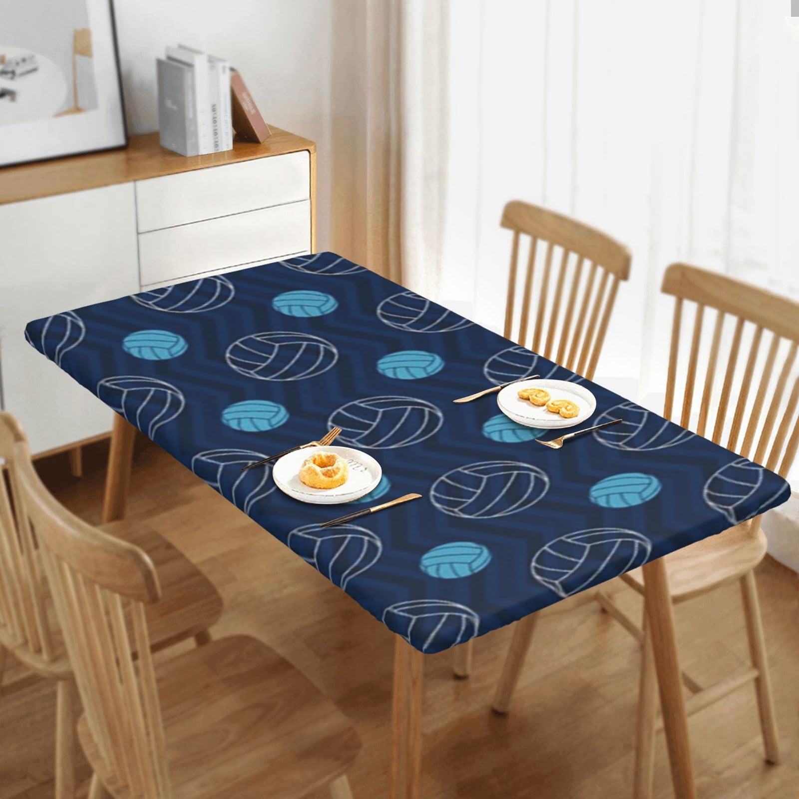 MIXMEY Blue Volleyball Print Square Table Cover with Anti Slip Tablecloth, Polyester Tablecloth,Outdoor Waterproof Elastic Tablecloth,Easy to Clean,30x60 in