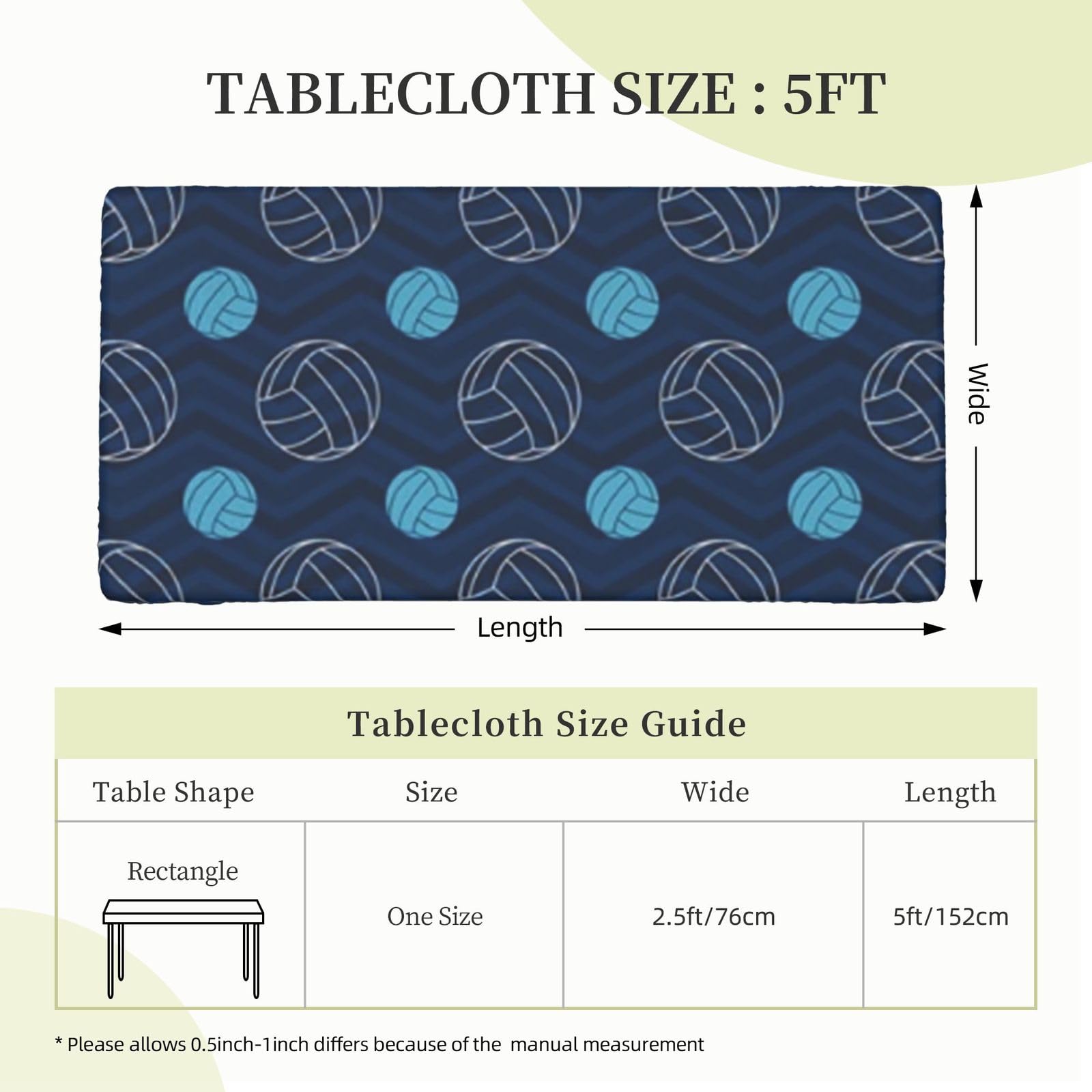 MIXMEY Blue Volleyball Print Square Table Cover with Anti Slip Tablecloth, Polyester Tablecloth,Outdoor Waterproof Elastic Tablecloth,Easy to Clean,30x60 in