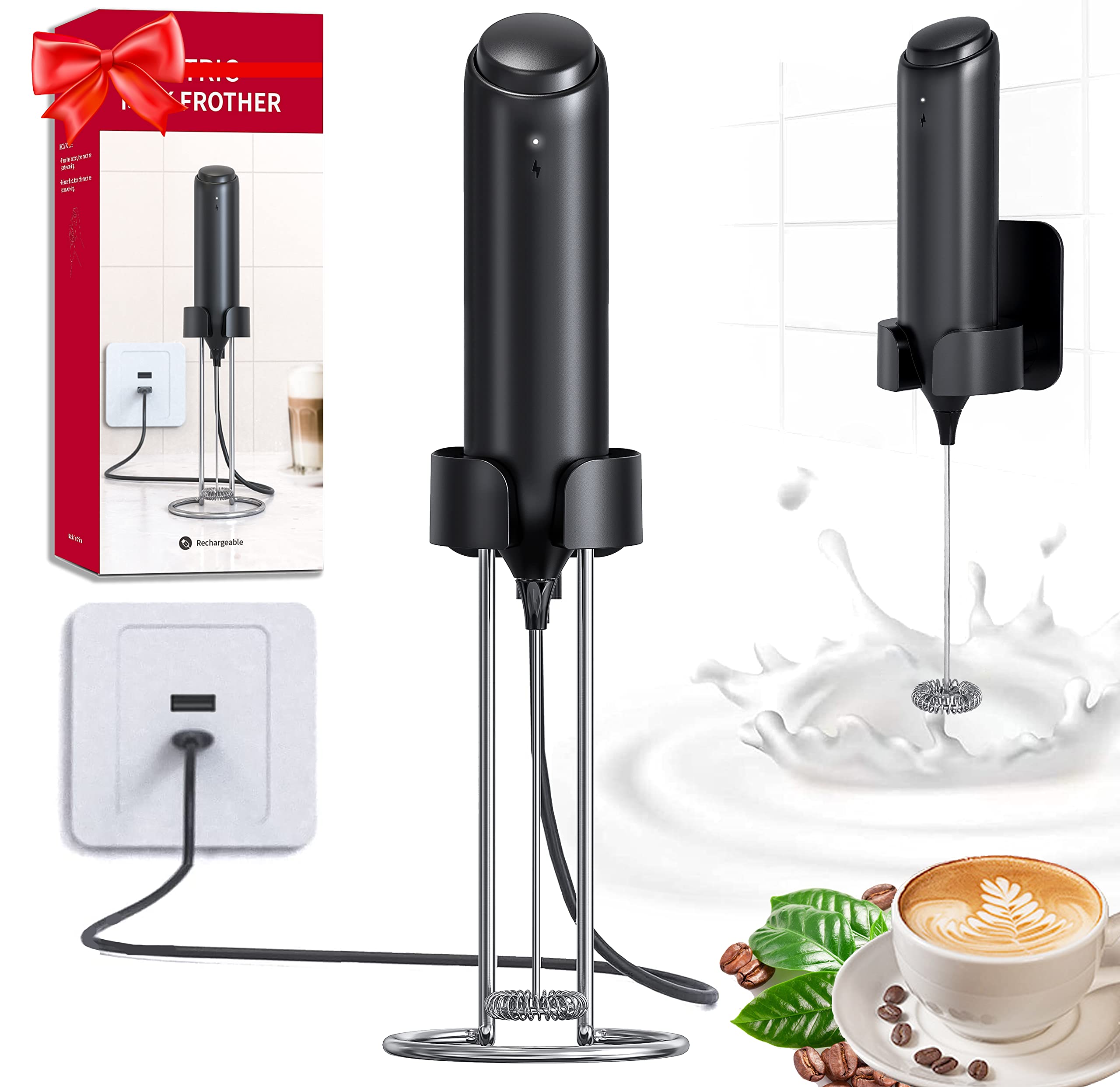 Rechargeable Milk Frother Handheld,AdanZst Coffee Frother Handheld with USB Charging Stand, Electric Drink Mixer Handheld, Mini Electric Whisk for Coffee, Matcha (Deep Black)