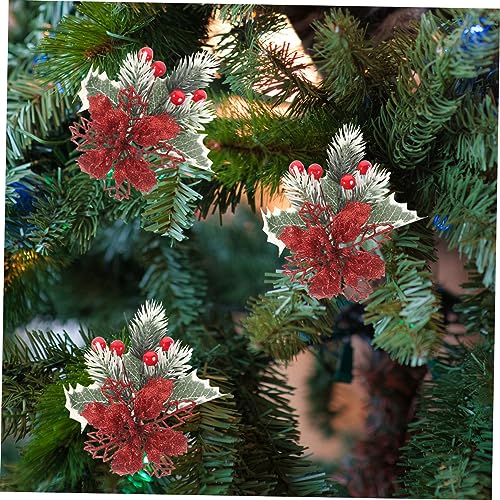 NOLITOY 4pcs Christmas Decor Flower Vases Decorative Clips Artificial Xmas Poinsettia Flowers Christmas Vase Decors Fake Poinsettia Flower Artificial Flower Pine Needles Decorations Metal