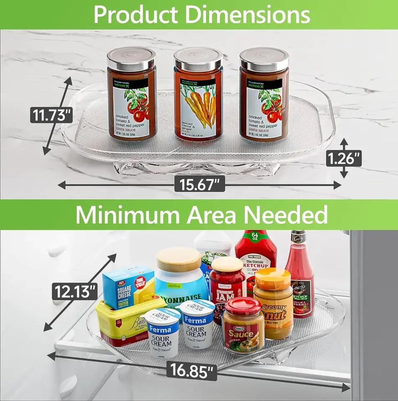 Lazy Susan Turntable Organizer - 15.67'' Clear Rectangular Fridge Organizer Storage, Lazy Susan for Refrigerator, Cabinet, Table, Pantry, Kitchen, Countertop