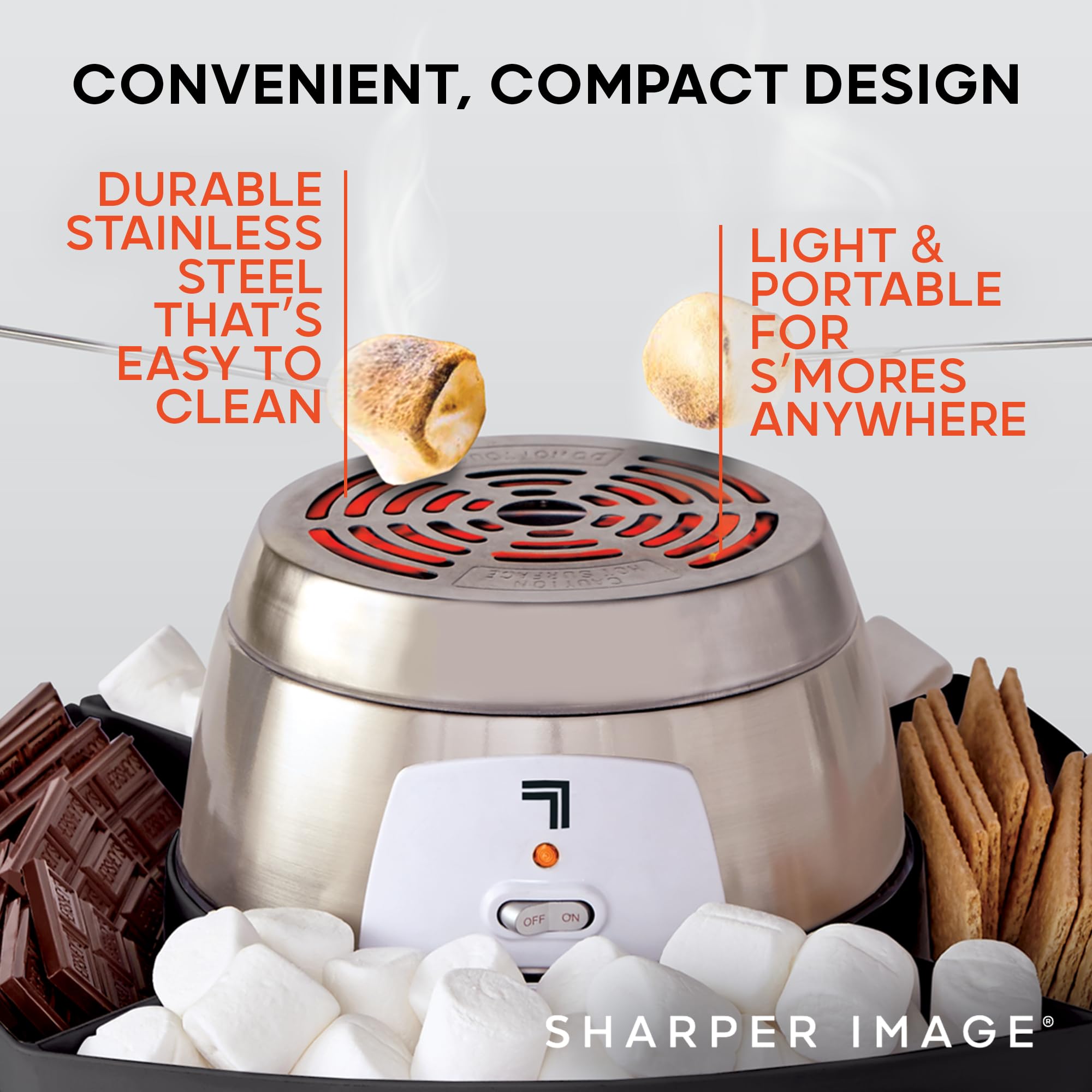 SHARPER IMAGE Electric S'mores Maker [Amazon Exclusive] 8-Piece Kit, 6 Skewers & Serving Tray, Small Kitchen Appliance, Flameless Tabletop Marshmallow Roaster, Date Night Fun Kids Family Activity