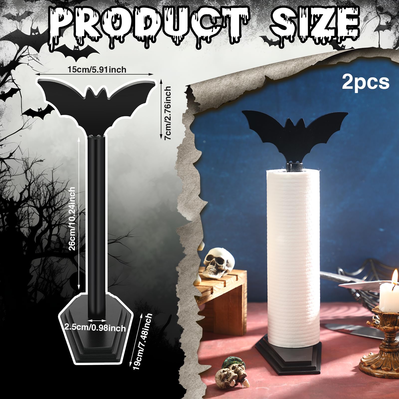 Yaomiao 2 Pcs Bat Paper Towel Holder Halloween Decor Gothic Paper Towel Dispenser Wooden Roll Stand Organizer for Kitchen Bathroom Home Toilet Gifts for Women