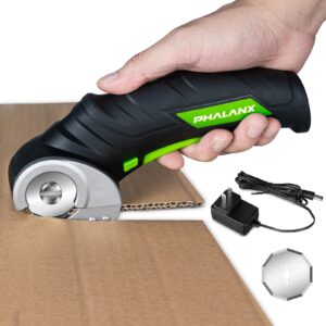 phalanx cordless electric scissors - 4v cardboard cutter with 2 self-sharpening cutter blades, rotary cutter for fabric cutting, power box cutter for carpet with safety lock, black