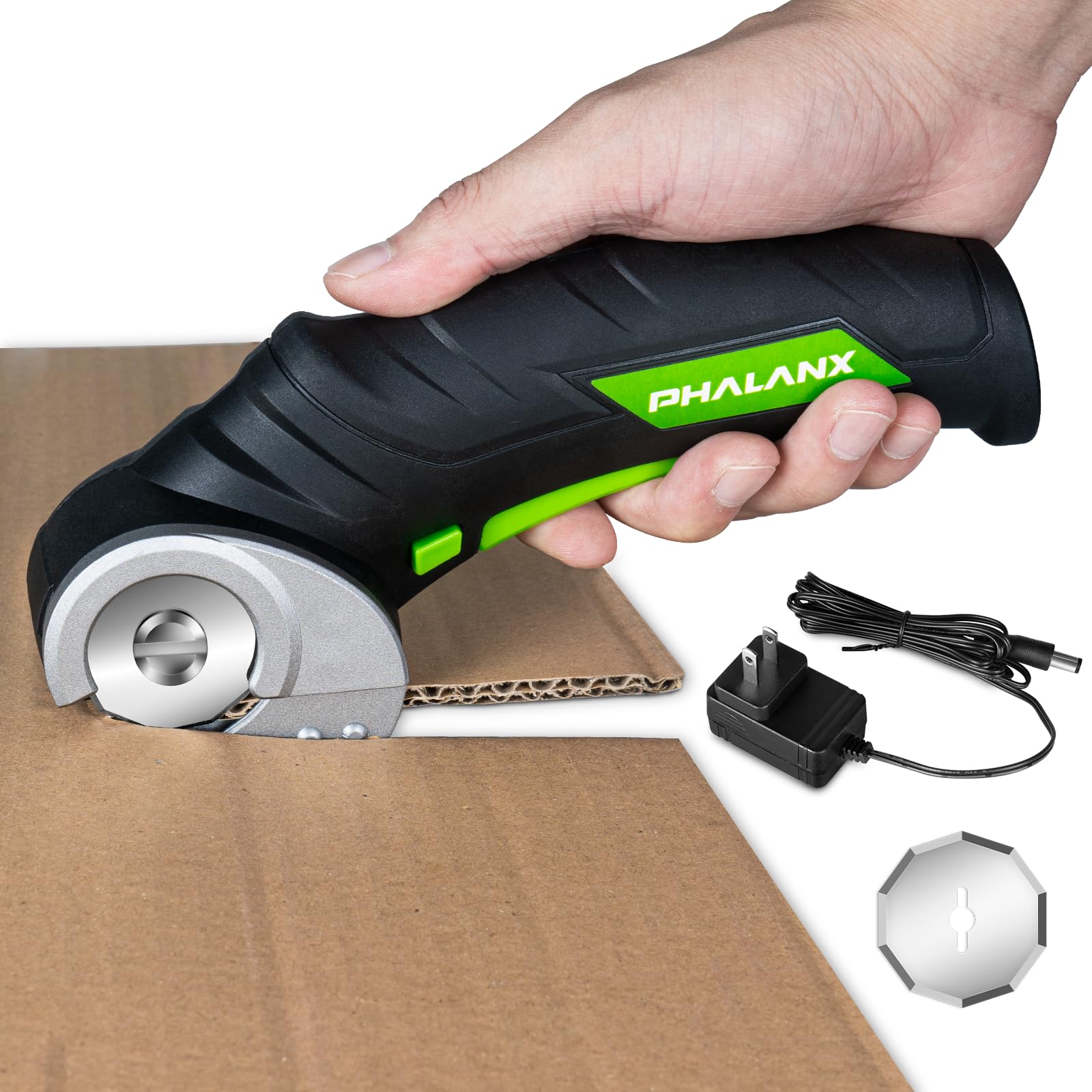 PHALANX Cordless Electric Scissors - 4V Cardboard Cutter with 2 Self-sharpening Cutter Blades, Rotary Cutter for Fabric Cutting, Power Box Cutter for Carpet with Safety Lock, Black