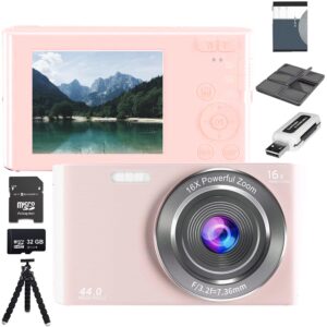 Acuvar 44MP Compact Point & Shoot Digital Camera, 16X Digital Zoom, 2.4 Inch Screen & 32GB SD Card, Card Reader, 6" Tripod & 6PC Card Holder Vlogging Camera for Kids Teens Students Boys Girl (Pink)