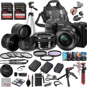 sony a6100 mirrorless camera with 16-50mm lens, 128gb extreem speed memory,.43 wide angle & 2x lenses, case,tripod, filters, hood, grip,spare battery & charger,editing software kit -deluxe bundle