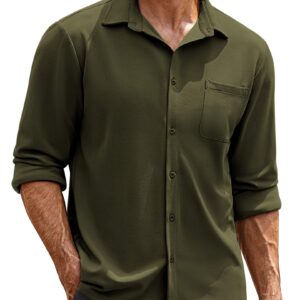 COOFANDY Mens Casual Button Down Shirts Long Sleeve Wrinkle Free Shirt Olive Green