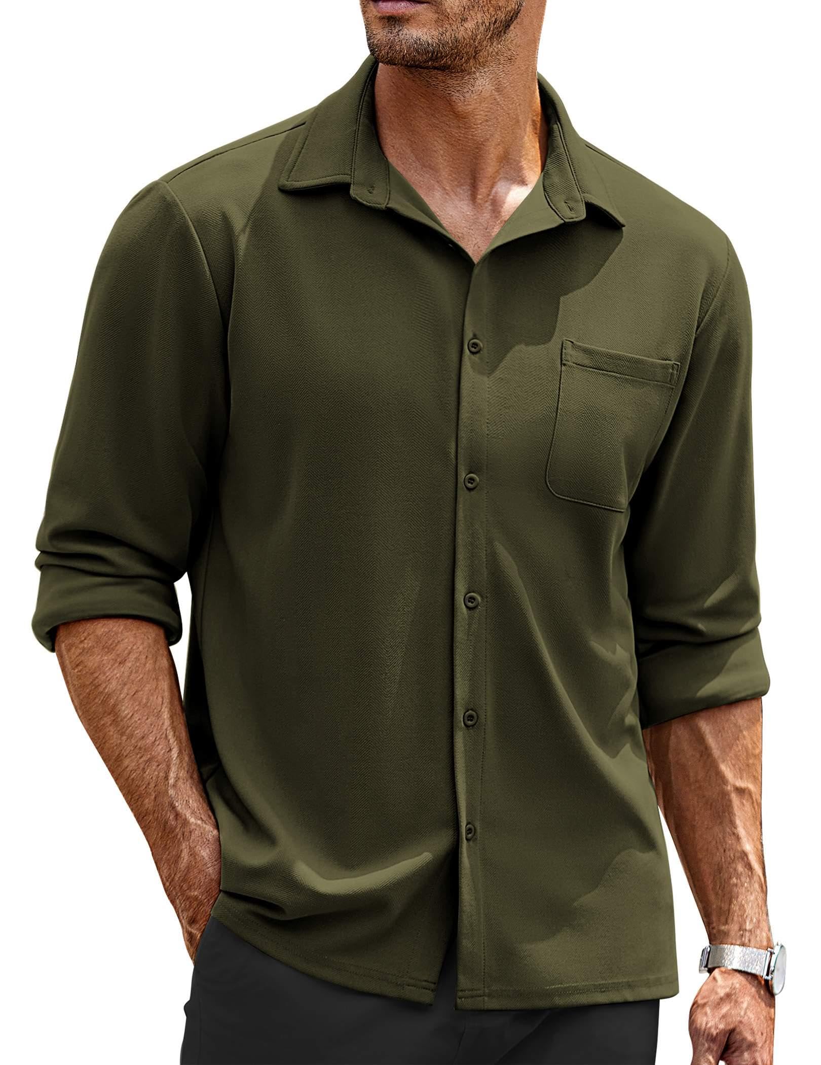 COOFANDY Mens Casual Button Down Shirts Long Sleeve Wrinkle Free Shirt Olive Green