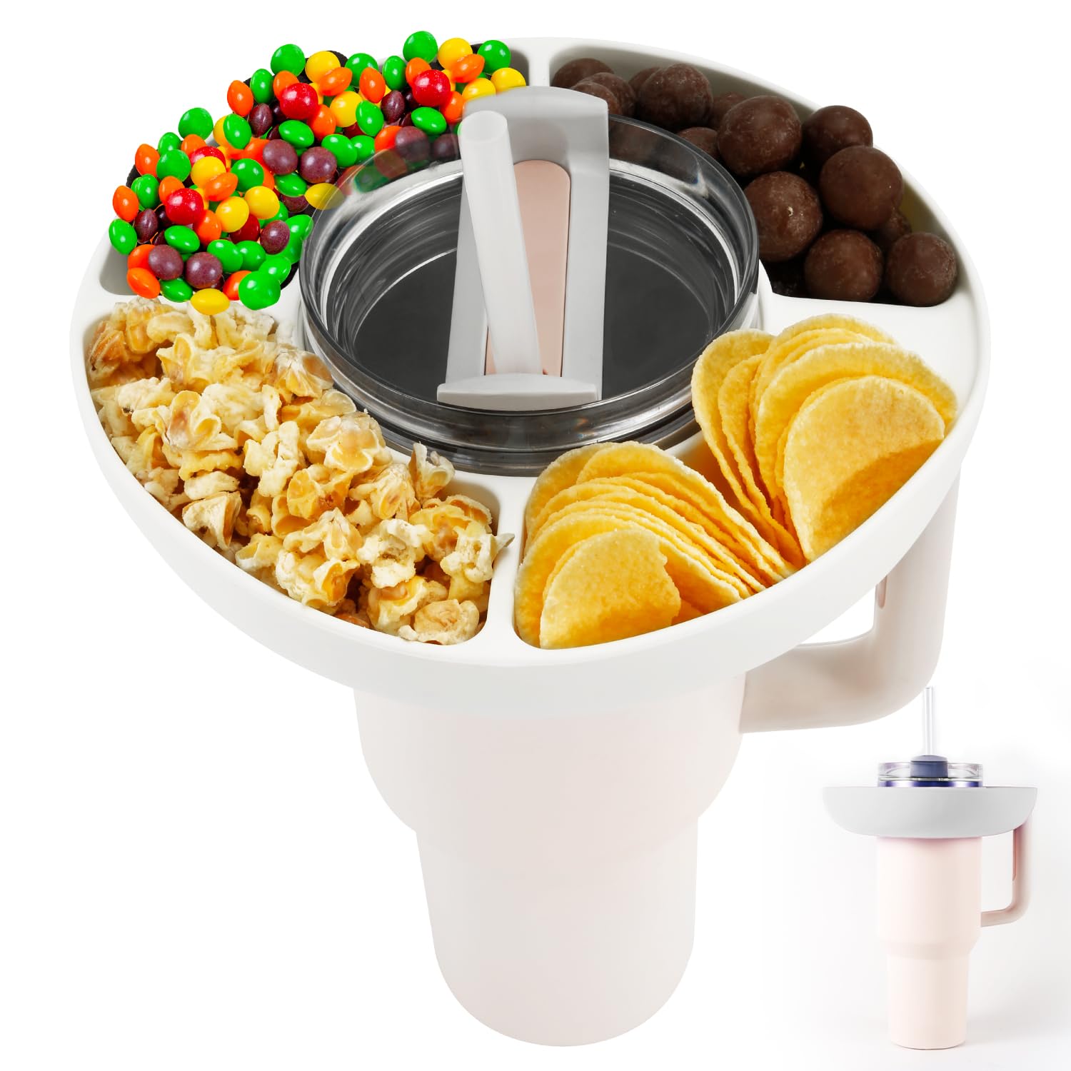 Snack Bowl for Stanley 40 oz Tumbler, Reusable Snack Storage Top Ring Candy Tray Nuts Platter Containers Box with 4 Compartments for Food Topper Plate Cup Holder for Stanley Cup Accessories (White)