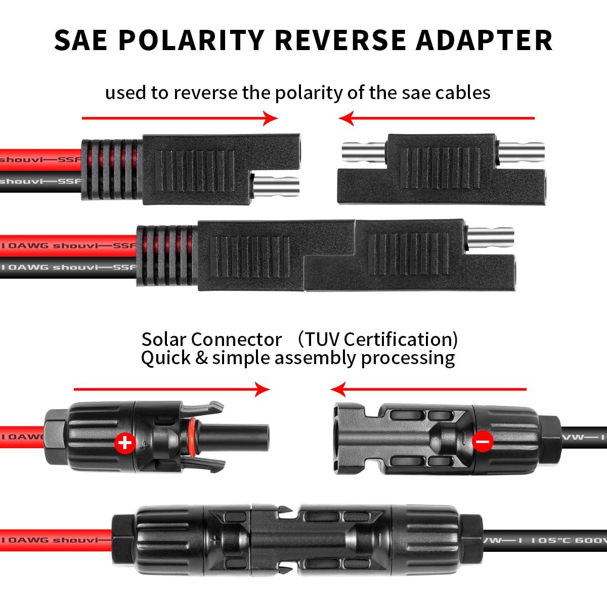 Ansoufien 2 PCS Solar Panel Connectors to SAE Adapter Cable 1FT, 10AWG Solar Panel Extension Cable with SAE Polarity Reverse Adapter for RV Solar Panel Caravan Battery Charger