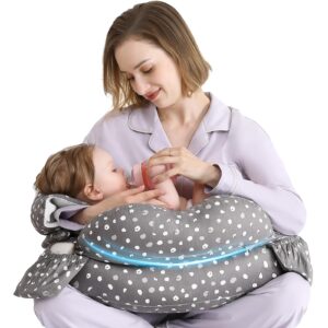 momtory nursing pillow for breastfeeding & bottle feeding pillows 15° tilt to prevent spitting milk, arm pillow support for mom and baby, adjustable waist strap cotton cover, grey