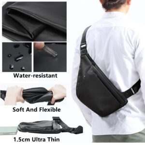 Masa Kawa Ultra Thin Slim Black Leather Sling Crossbody Backpack Bag For Women Men 7.9" Tablet Chest Bags Small Cycling Hiking Camping Travel Casual Daypack