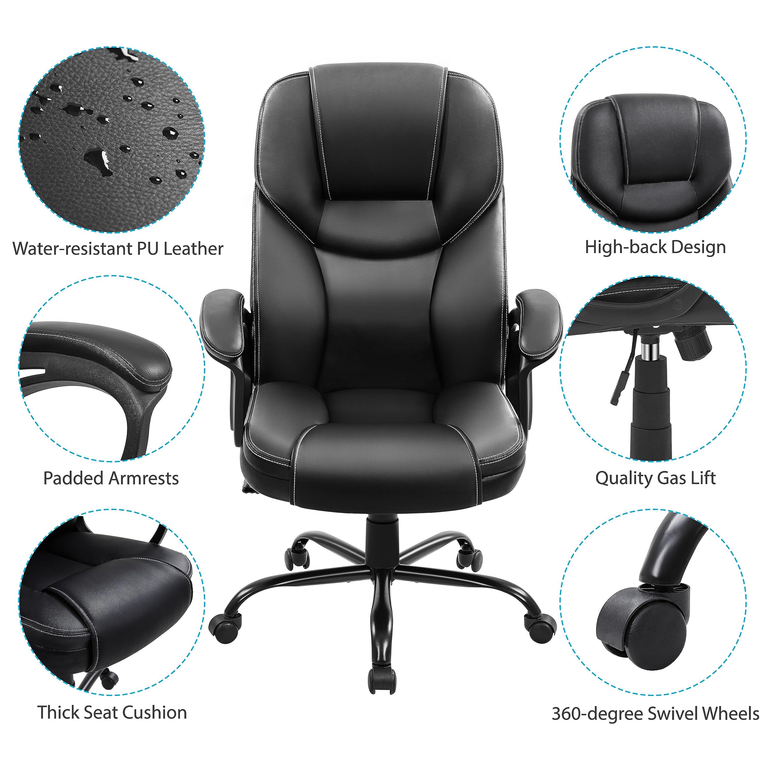 Yaheetech High Back Executive Chair Faux Leather Managerial Chair Big and Tall Task Chair Computer Meeting Chair Large Seat Swivel Chair, Sturdy Metal Base, Black