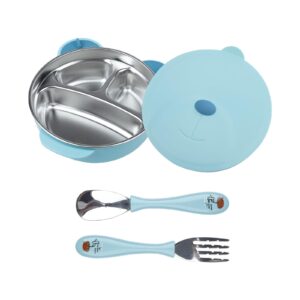 ufengke stainless steel baby feeding bowl, toddler suction plate with lid spoon and fork, perfect for children (blue)