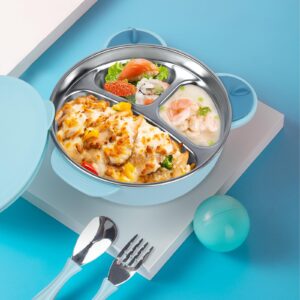 ufengke Stainless Steel Baby Feeding Bowl, Toddler Suction Plate with Lid Spoon and Fork, Perfect for Children (Blue)