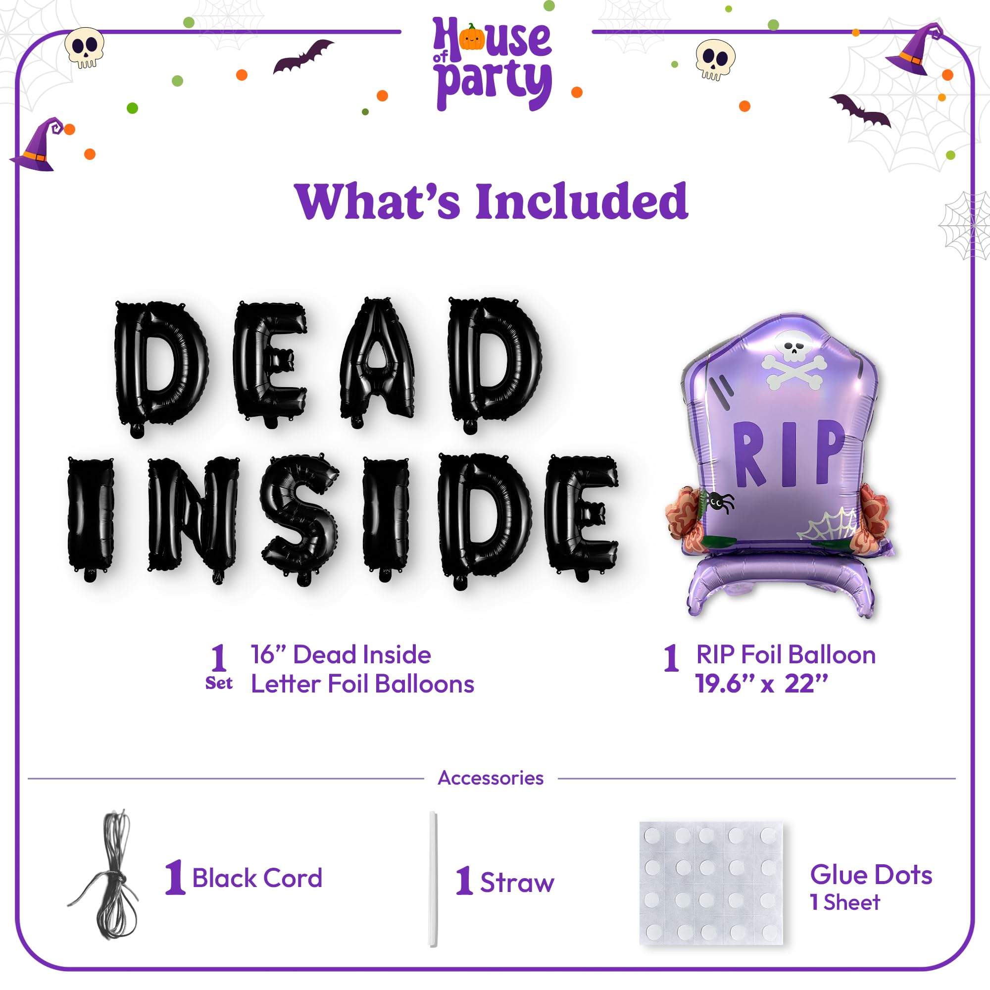 HOUSE OF PARTY, Extra large 22 * 19.6 inch Halloween Party Balloons Kit, 2 Sets of ‘DEAD INSIDE' Letter Balloons + Gravestone foil balloon for Halloween Birthday Party Decorations Supplies