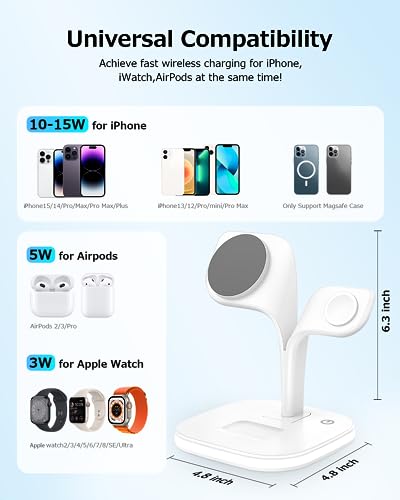 【2024 Newest】 5 in 1 Mag-Safe Wireless Charger for Apple Device with LED and Adapter, Magnetic Charging for iPhone 15/14/13 Pro/Max/Mini/Plus,15W Fast Charging Stand for Apple iWatch and Airpods