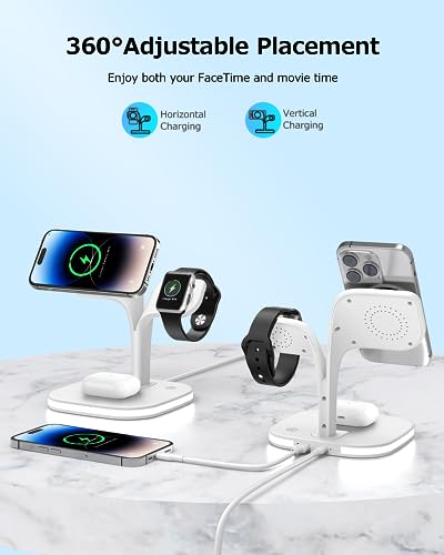 【2024 Newest】 5 in 1 Mag-Safe Wireless Charger for Apple Device with LED and Adapter, Magnetic Charging for iPhone 15/14/13 Pro/Max/Mini/Plus,15W Fast Charging Stand for Apple iWatch and Airpods