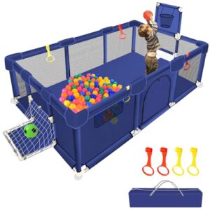 large playpen for babies and toddlers, ball pits for toddlers, baby gate play pen kids ball pit, sturdy play yard w/basketball hoop soccer net, children's fence play area, infant safety gates (blue)