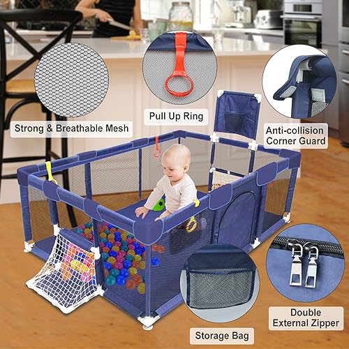 Large Playpen for Babies and Toddlers, Ball Pits for Toddlers, Baby Gate Play Pen Kids Ball Pit, Sturdy Play Yard W/Basketball Hoop Soccer Net, Children's Fence Play Area, Infant Safety Gates (Blue)