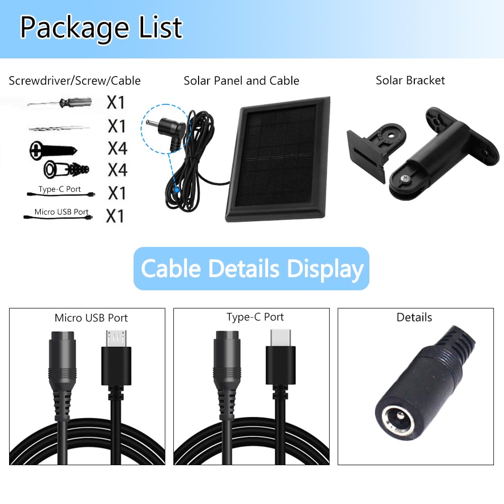 Solar Panel Compatible with Ring Stick Up Camera Battery/Ring Spotlight Cam Battery/Reolink Argus Pro,Includes 3.5mm Plug with USB & Type-C Adapter,5v/2.4W Output Fast Charging